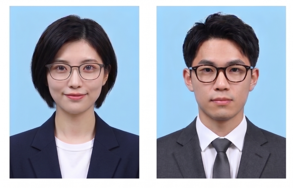 履歴書の証明写真の例（男女のスーツ姿・メガネ着用）