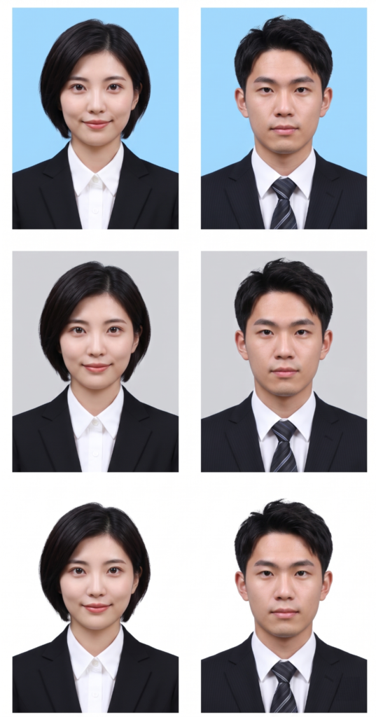 履歴書の証明写真の背景色（白・青・グレーの例）